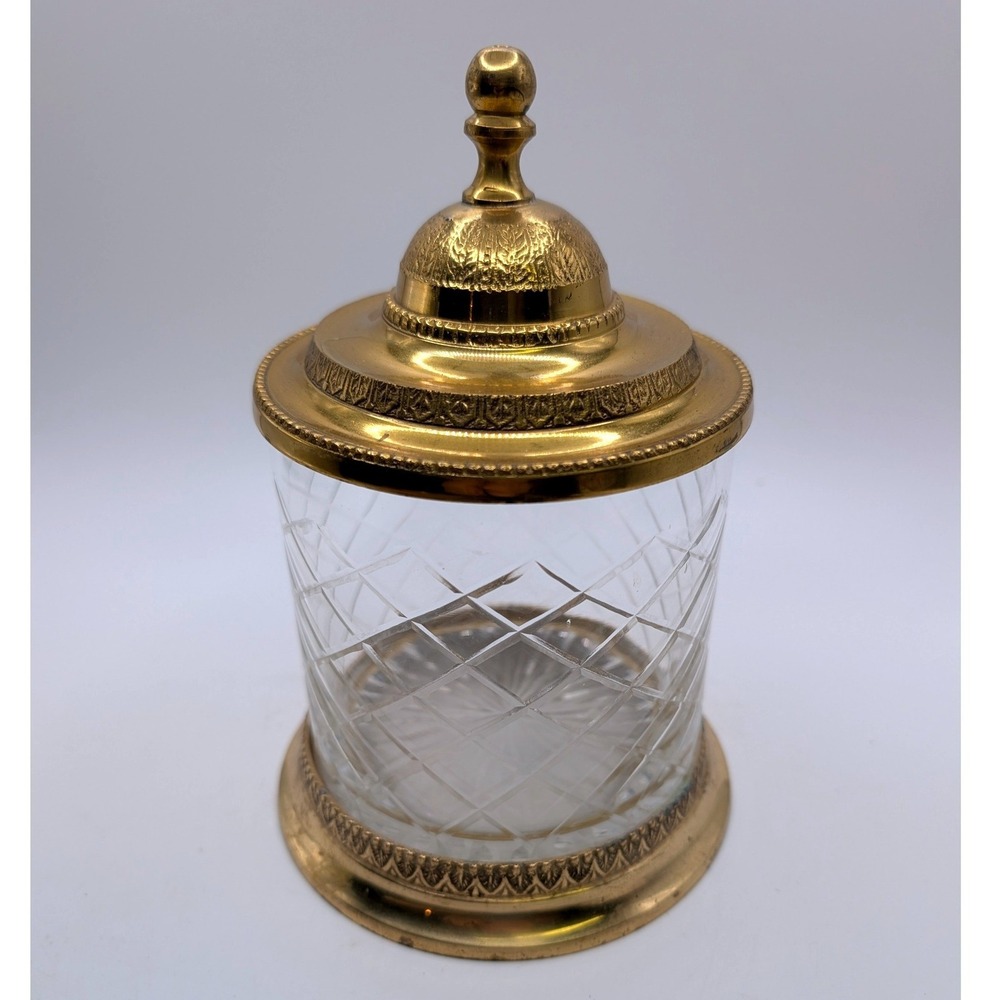 Vtg Crystal & Brass Lidded Apothecary Jar Candy Dish Diamond Cut Regency Decor